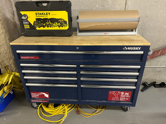 52 inch W 9-Drawer Mobile Workbench with Solid Wood Top in Gloss Blue